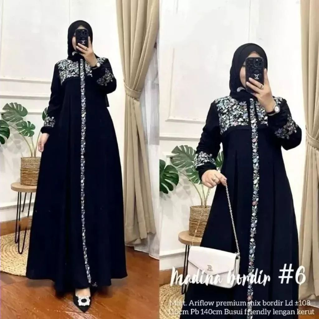 Gamis crinkle Madina bordir Gamis terbaru 2023 lebaran wanita Baju kondangan elegan fashion wanita muslimah