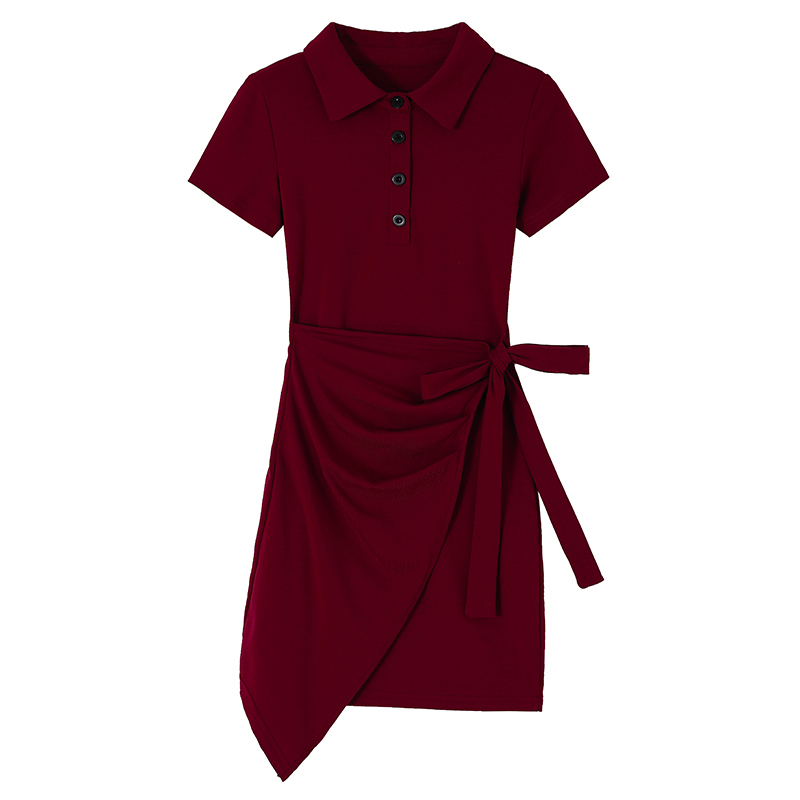 Cotton Lengan Pendek Midi Dress for V Neck Wanita Korean Polo Pas Ramping Dress (S/M/L)