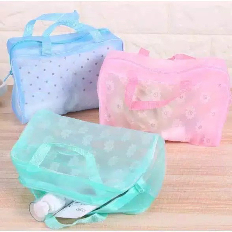 Tas Plastik Transparant Anti Air Motif Bunga Pouch Make Up Waterproof Travelling Bag Tas Kosmetik