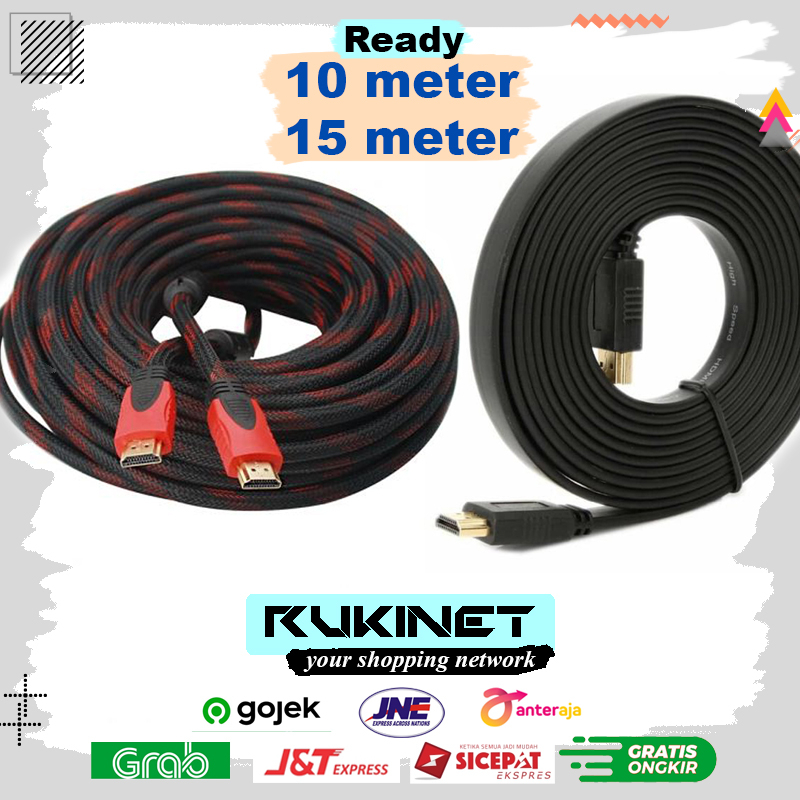 10m 15m Kabel hdmi Full HD Braided Nylon Serat Jaring / Flat Gold Plated Full HDmi 10 / 15 Meter