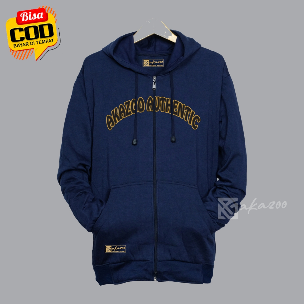 zipper jacket pria resleting akazoo warna navy blue HARTA TAHTA ORANG TUA sablon depan blakang