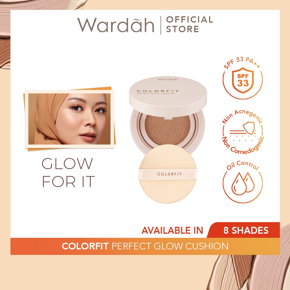 WARDAH Colorfit Perfect Glow Cushion Indonesia / 15g / With SkinMatch Technology And Glow Perfecting Pigment SPF 33 PA++ / Non Acnegenic Comedogenic Oil Control / Tahan Lama / Full Set Refill / Cosmetic Makeup Face Make Up / Compact Powder Bedak Cusion