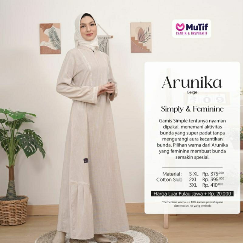 Mutif Arunika Beige Baju Muslim Gamis Dress Casual Premium Terbaru Ori Lebaran 2023 Sarimbit