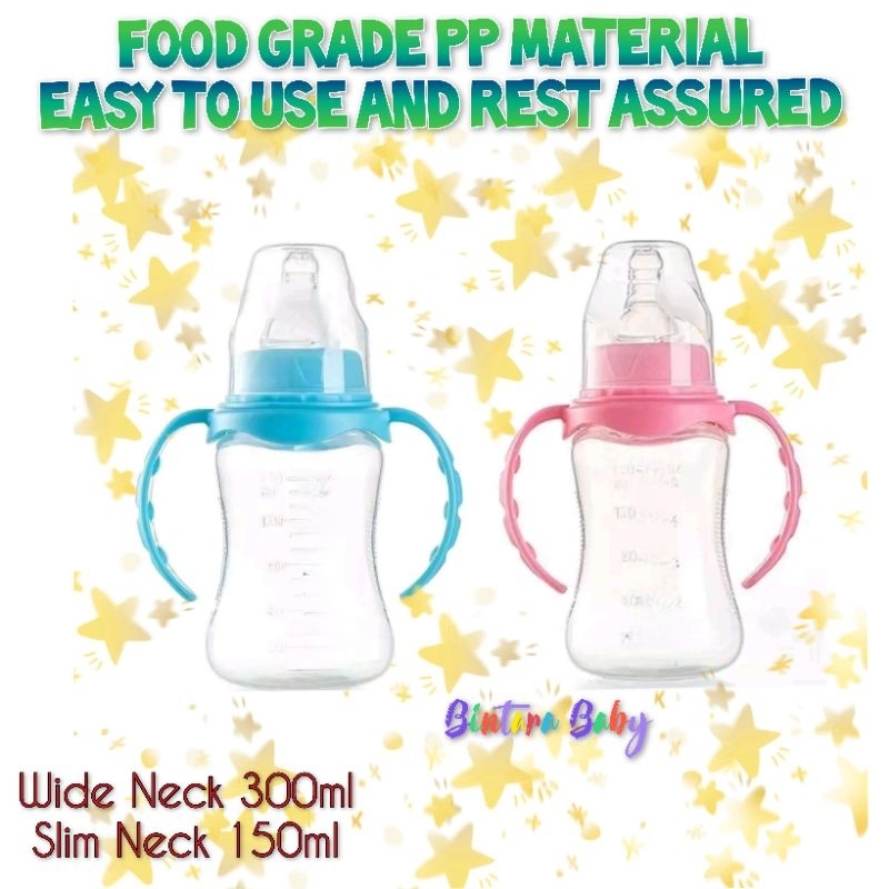 Botol Susu Dengan Handle Gagang Slimneck 150ml / Wideneck 300ml Ekonomis untuk 6 bulan keatas 6m+ / Standar Neck  Nipple Peristaltic / Leher lebar wide neck 300ml