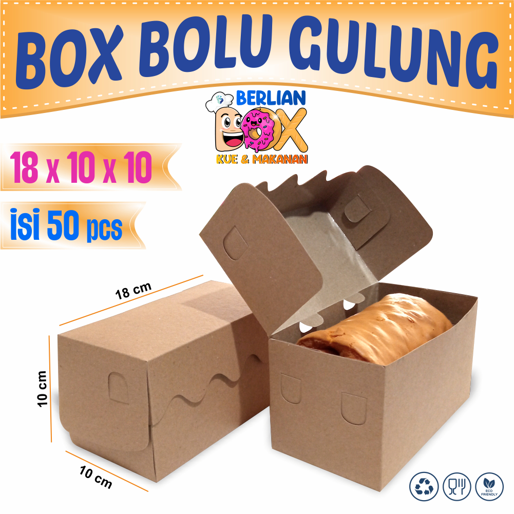Box Bolu Gulung 18x10x10 / Dus Kotak Hampers / Roti Bakar Donat /Dus  Bolu Gulung Paper Kraft (50pcs