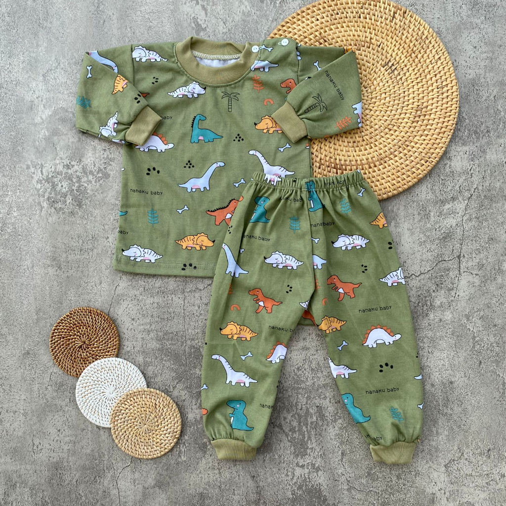 Setelan Baju Bayi Piyama Bayi Lengan Panjang Motif Printing Dino Usia 3-12 Bulan Anababy