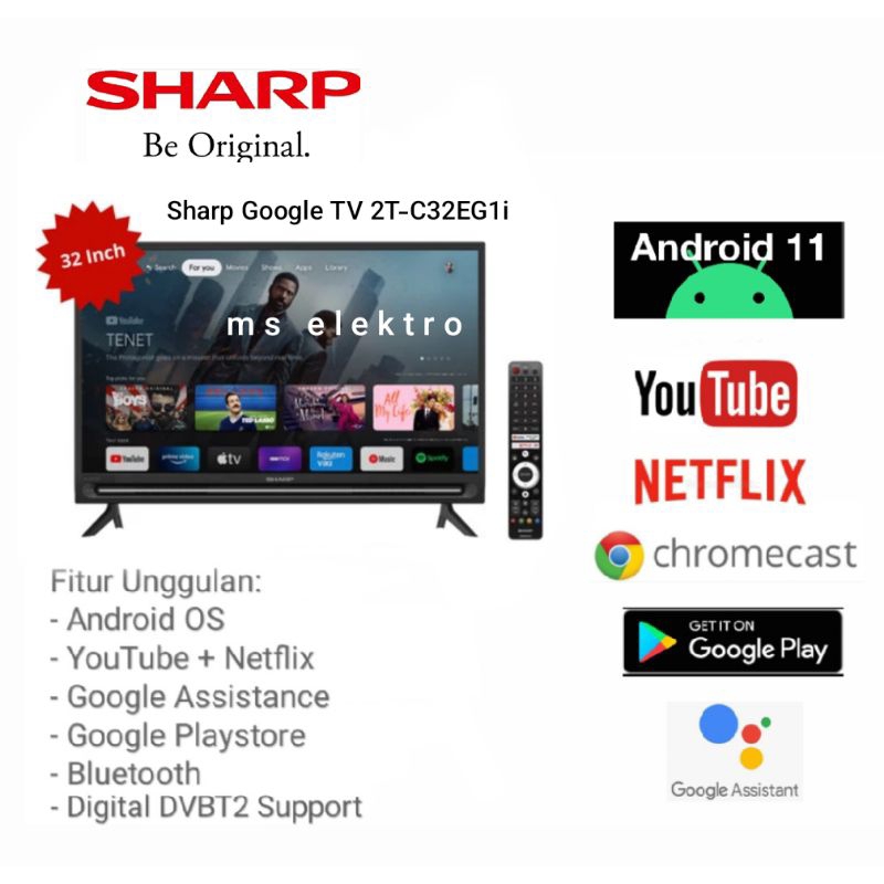 TV LED Sharp 32 inch Smart Google Android TV Digital 2T-C32EG1i  bluetooth YouTube Netflix