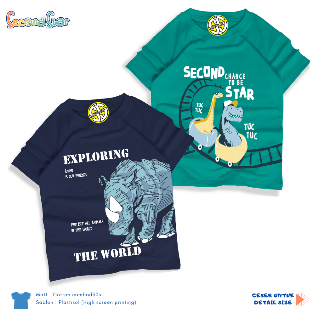 Second Star baju anak Laki-laki perempuan  Kaos oblong 1 - 12 tahun unik Motif Dino dan Hewan