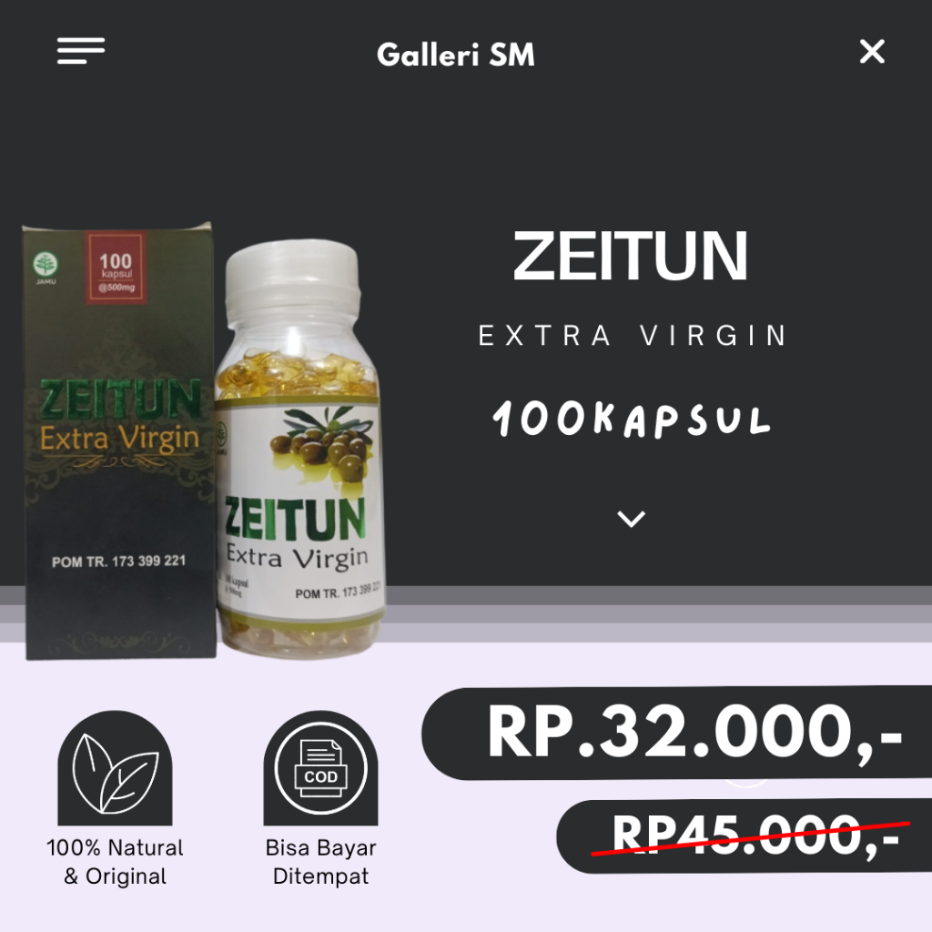 

Minyak Zaitun Zeitun 100 Kapsul Herbal Extra Virgin Olive Oil Murni