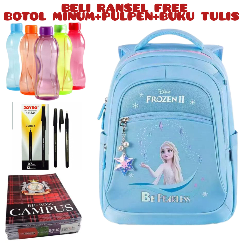 JS_Beli  1 Dapat 4-Tas Sekolah Disney Frozen Untuk Anak Perempuan Elsa Anna Olaf Ransel Ortopedi Bahu Siswa TK/SD/SMP Kapasitas Besar Beli Ransel Free Botol Minum+Pulpen+Buku Tulis