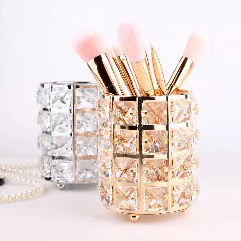 MAANGE Makeup Brush Ember Penyimpanan High-End Kuning Keemasan Ember Penyimpanan Gaya Eropa Square Bead Kristal Pen Holder