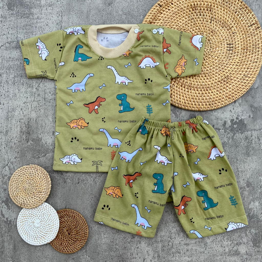 Setelan Baju Bayi Piyama Bayi Lengan Pendek Kancing Pundak Motif Printing Dino Usia 3-12 Bulan Anababy