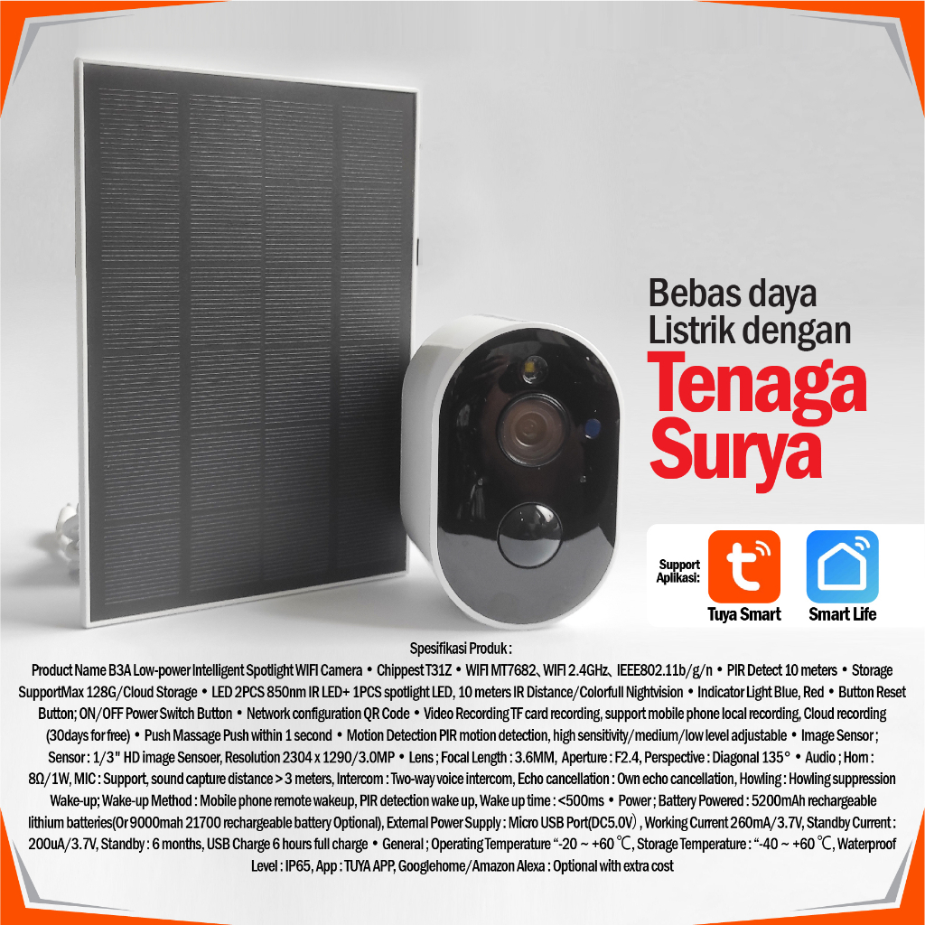 CCTV WiFi IP Camera dengan Batre, bebas kabel B3A SOLAR TENAGA SURYA