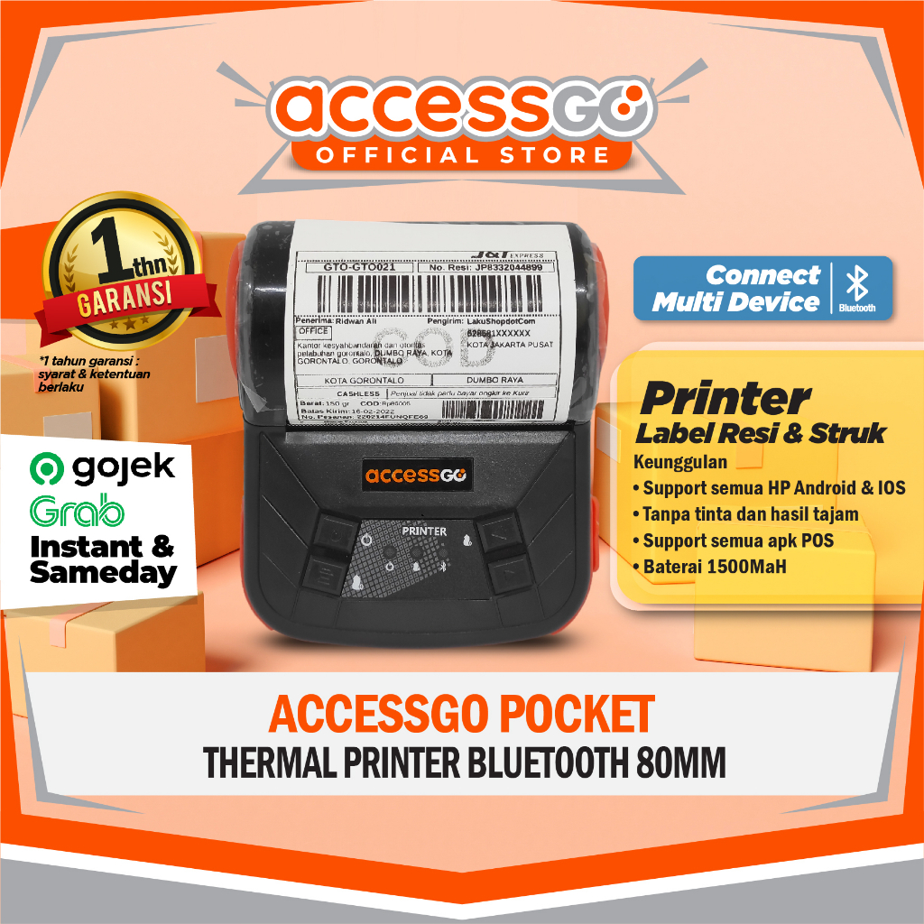 Accessgo Pocket 80mm Mini Printer Thermal Bluetooth Garansi Resmi 1 Tahun