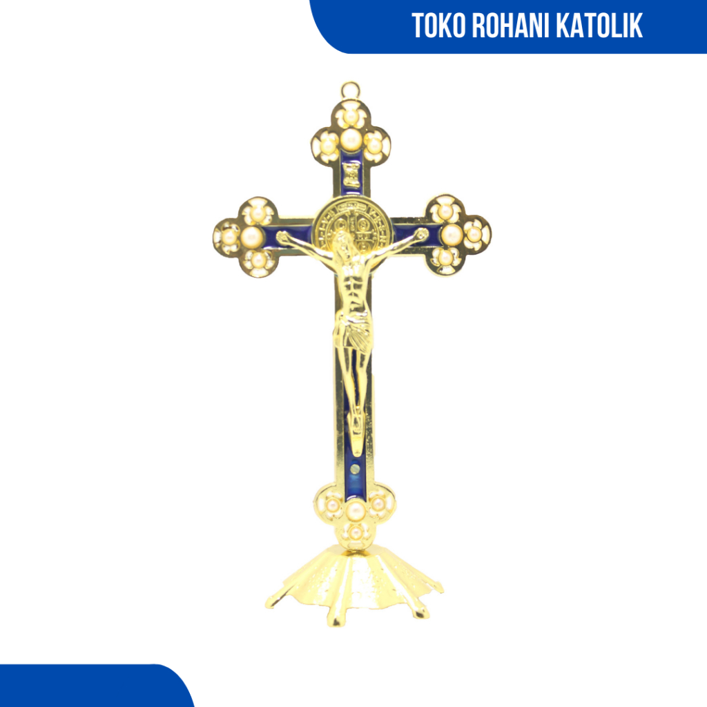 SALIB DUDUK KATOLIK 20 CM (LOGAM-GOLD)/ SALIB BENEDICT / SALIB MEJA / SALIB ALTAR KATOLIK / SALIB BENEDIKTUS