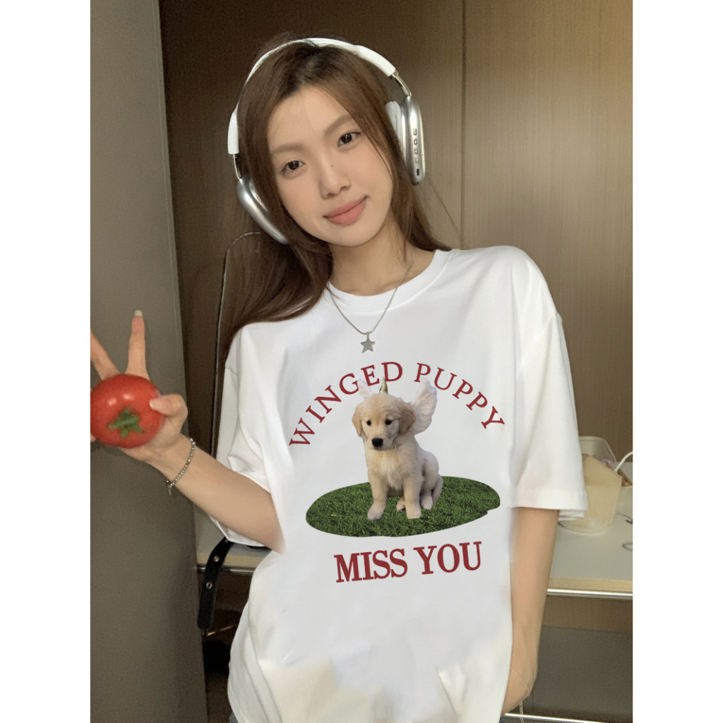 EUNII T-shirt Lengan Pendek Cartoon Winged Puppy Dog Korean Style/Kaos Atasan Wanita/Baju Kaus Oversize Wanita/Kaos Wanita