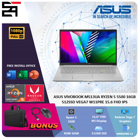 Asus Vivobook M513UA Ryzen 5 5500 RAM 16GB 512GB SSD Vega W11 PRE 15.6 Inchi Full HD IPS