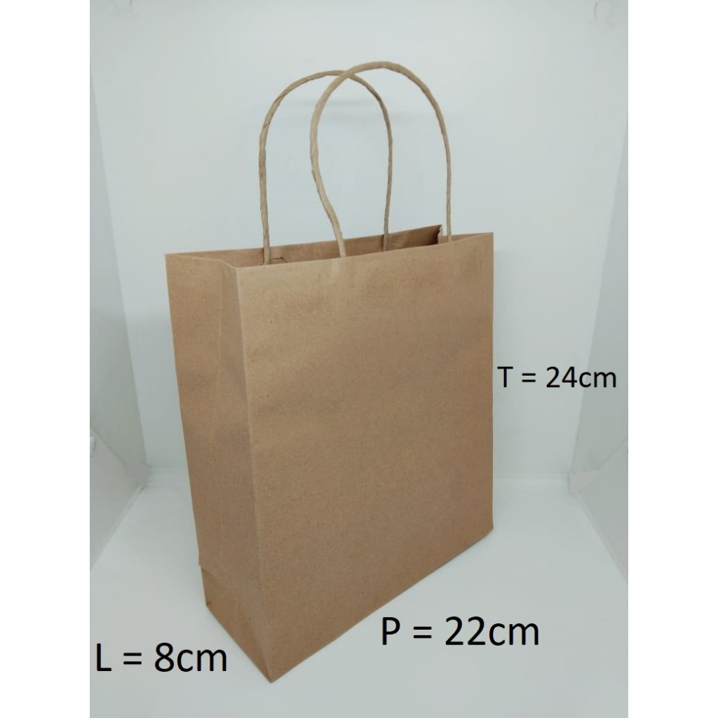 

10pcs PAPERBAG KRAFT POLOS OKEY A Plus 22X8X24cm Coklat TALI 125 GSM