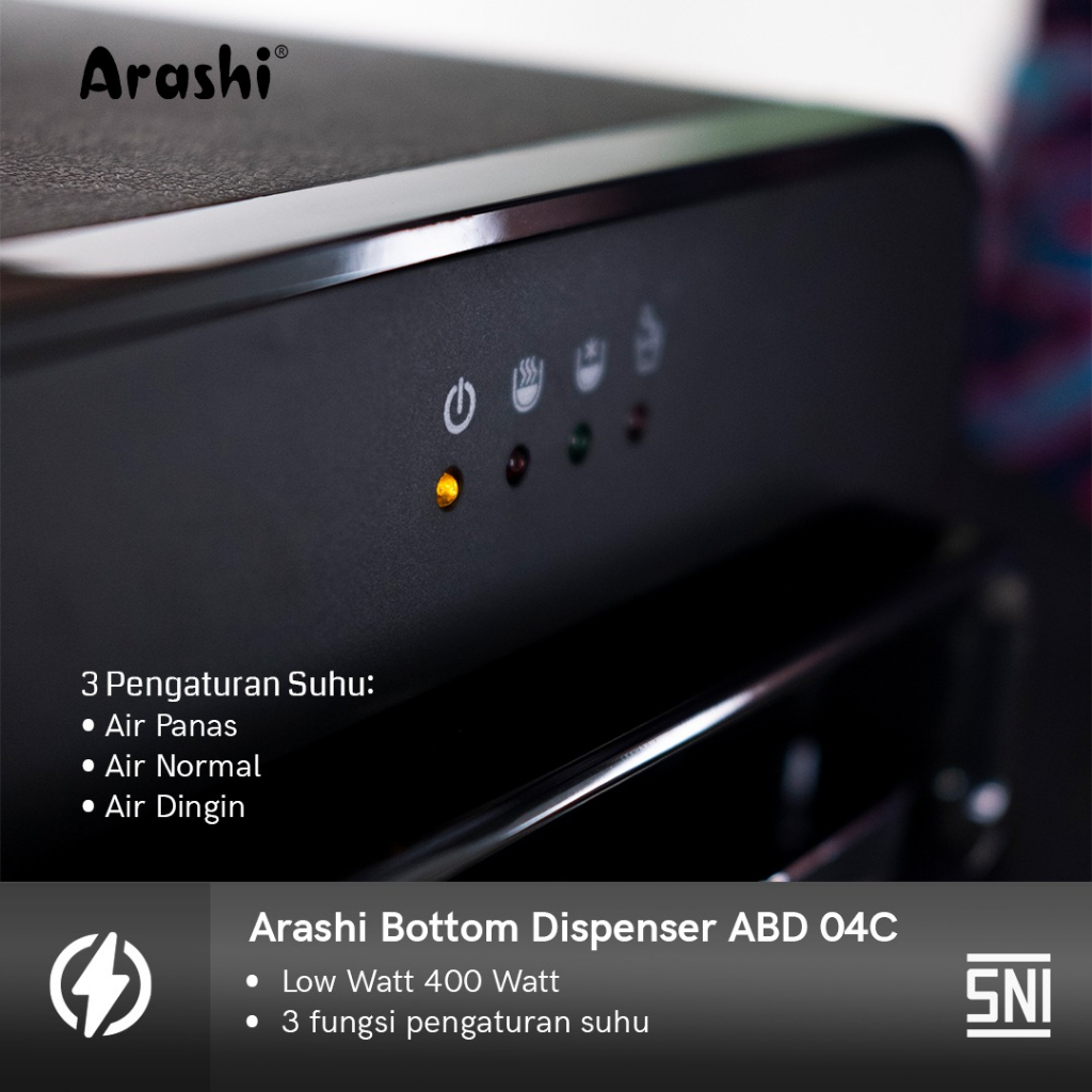 Dispenser Arashi ABD-04C Galon Bawah ABD-04 C 3 Kran Hot Normal Cold Panas Dingin Normal LOW WATT