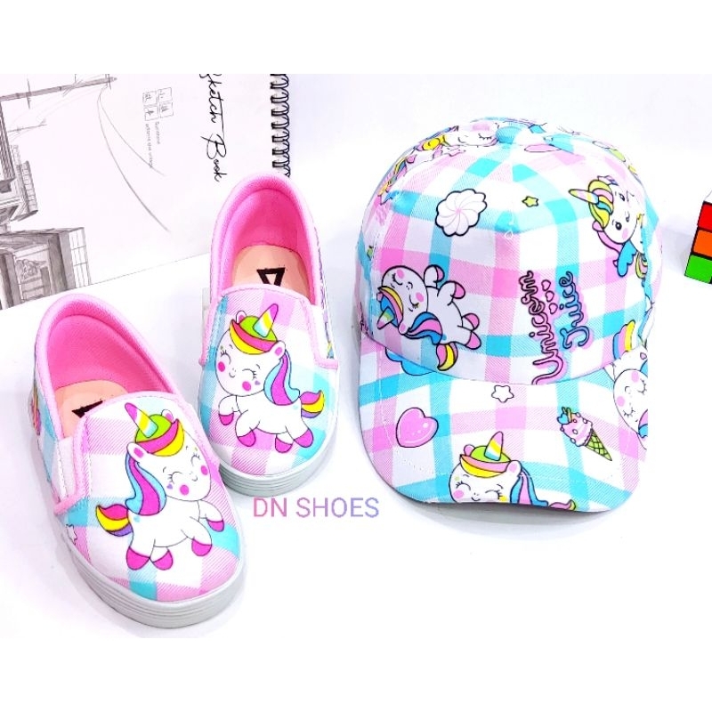 Paket Sepatu Anak Perempuan Topi anak Perempuan Slip on anak Dan Topi Anak Lucu Murah Karakter Unicorn Tosca Juice