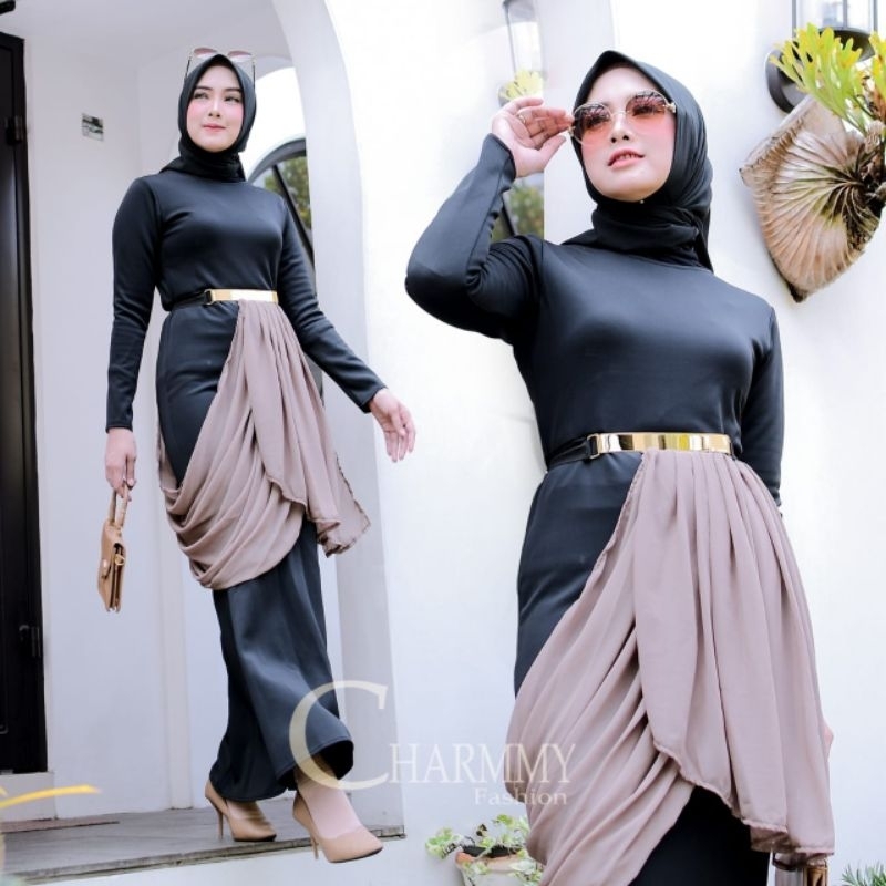 Long Dress Athena Gamis Titanium Scuba Combi Baby Doll Baju Kondangan 70751 Belt Dijual Terpisah