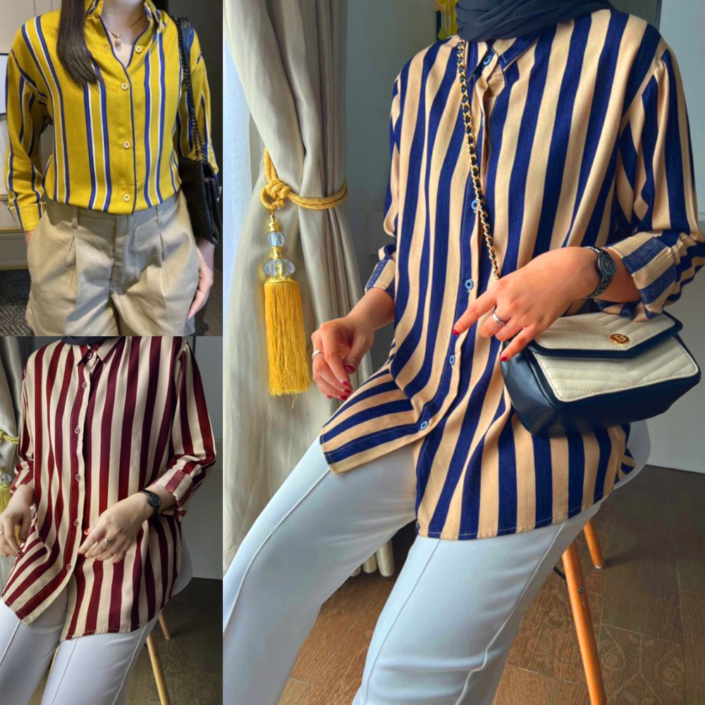 Kemeja jumbo wanita motif salur bahan rayon ld 125 wanita lengan panjang model selegram terbaru 2023 termurah bisa bayar ditempat