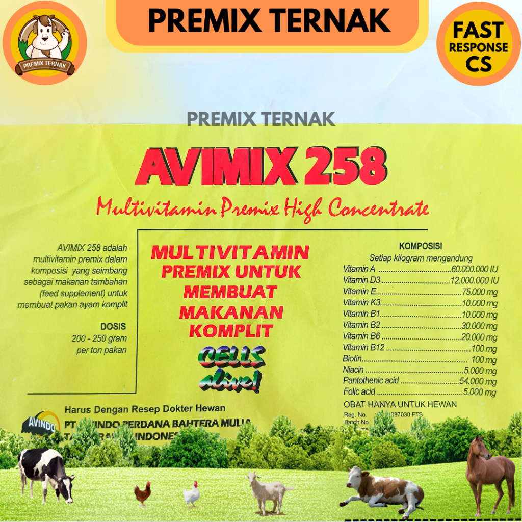 AVIMIX 258 1kg -  MULTIVITAMIN HC FEED PREMIX HEWAN TERNAK AYAM SAPI KAMBING DOMBA BABI