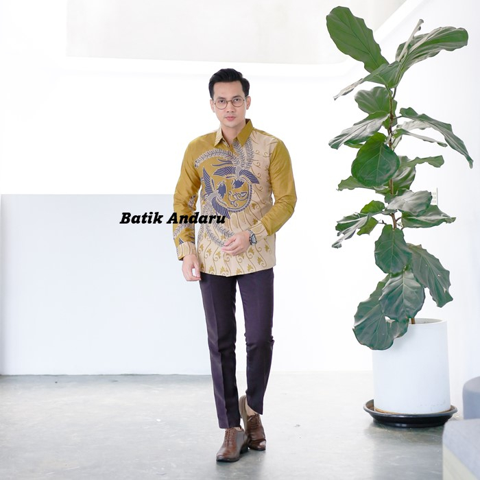 Baju Batik Pria Lengan Panjang Slim Fit Premium Full Furing Ero Warna Olive Soft