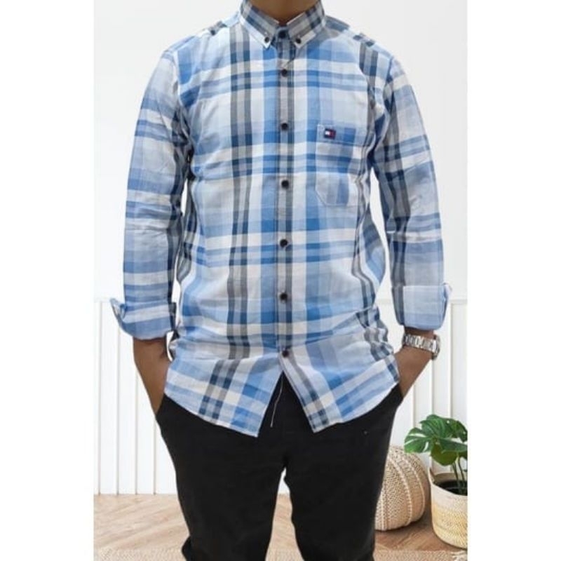 Kemeja lengan panjang kemeja kotak-kotak pria kemeja katun lengan panjang pria