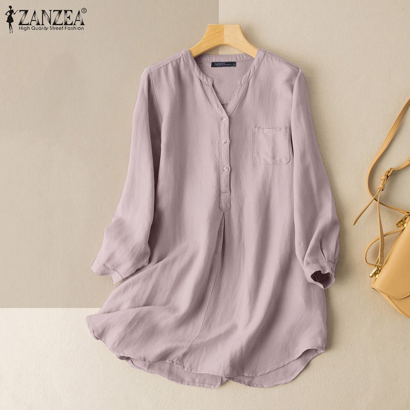 ZANZEA Women Simple Button V-neck Long Sleeve Solid Casual Loose Blouse