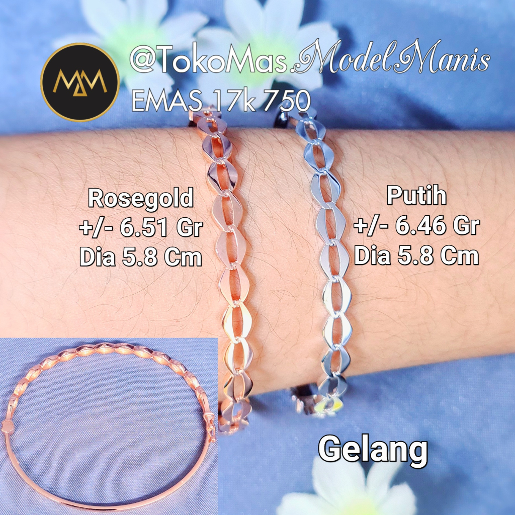 Gelang bangle kepang emas rosegold putih 750 kadar 17k