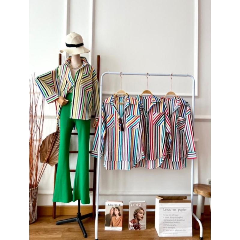 kemeja oversize garis crinkle wanita viral