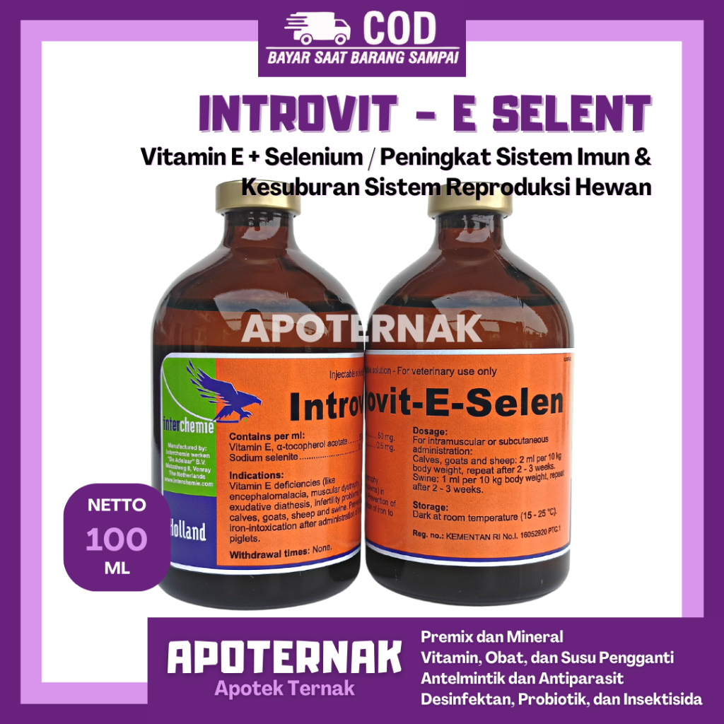 INTROVIT E SELEN inj 100 ml | Vitamin E Selenium Peningkat Sistem Imun &amp; Kesuburan Reproduksi Hewan Holland | Like Bio Selevit E