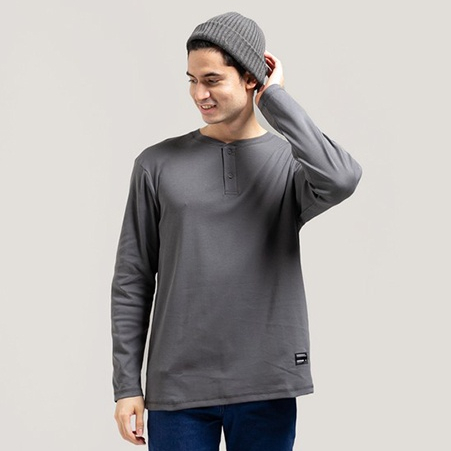 Greenlight Kaos Pria Lengan Panjang Kancing Polos Katun Tshirt Basic Half Button Pria Abu 570322