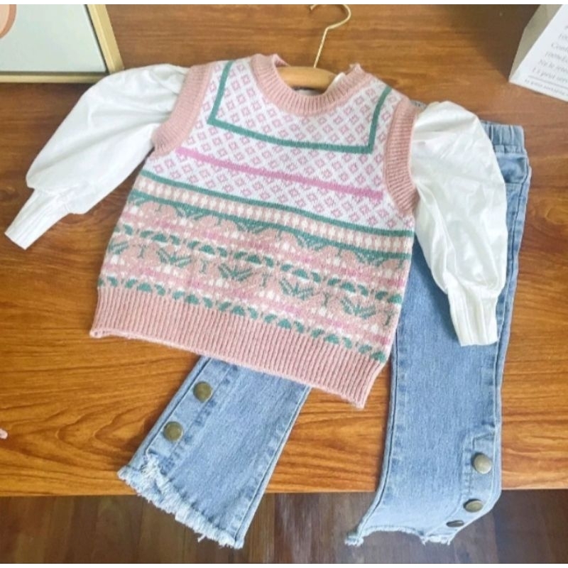 Setelan anak perempuan blouse rompi 3in1 set