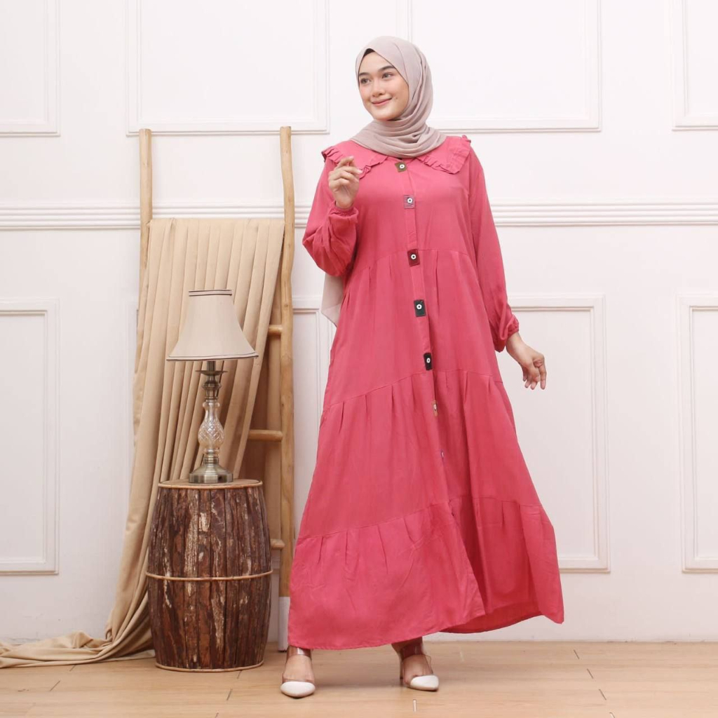 Aira Midi Dress Rayon - Gamis Full Kancing Size L XL XXL - Gamis Polos Mewah