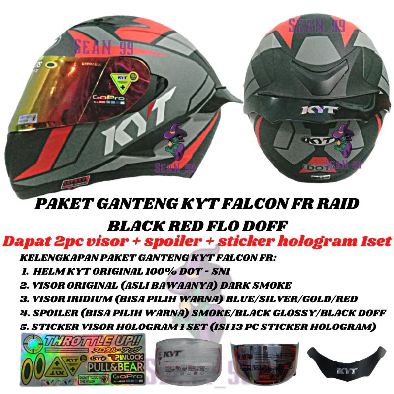 HELM KYT FALCON FR RAID BLACK RED FLO DOFF FULL FACE DOUBLE VISOR ORIGINAL SNI DOT ( PAKET GANTENG K