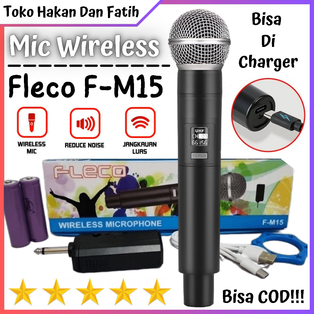 Fleco F-M15 Microphone Profesional Mic Wireless Hitam Bisa di Charger | Microphone Tanpa Kabel Mic K