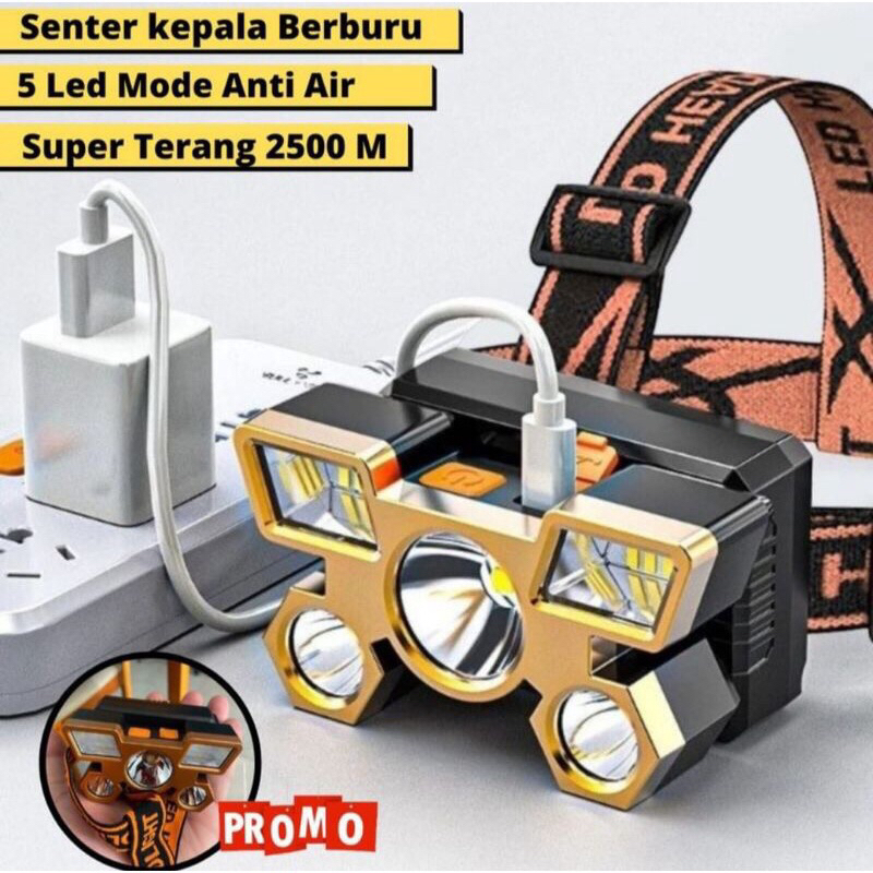 Senter Kepala 5 LED P-501 Super Terang /  Headlamp COB Recharger / Senter Kepala Mini Super Terang / Senter Kepala Multifungsi Rechargeable / SENTER KEPALA LED CAS