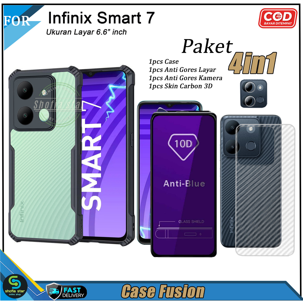 PAKET 4in1 Case Infinix Smart 7 Soft Case Fusion Shockproof Transparan Casing