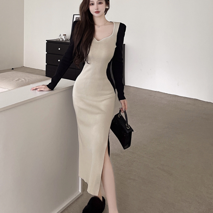 【Elegant】Bodycon High Waist V-Neck Slim Stretchy Midi Long Knit Dress 2123