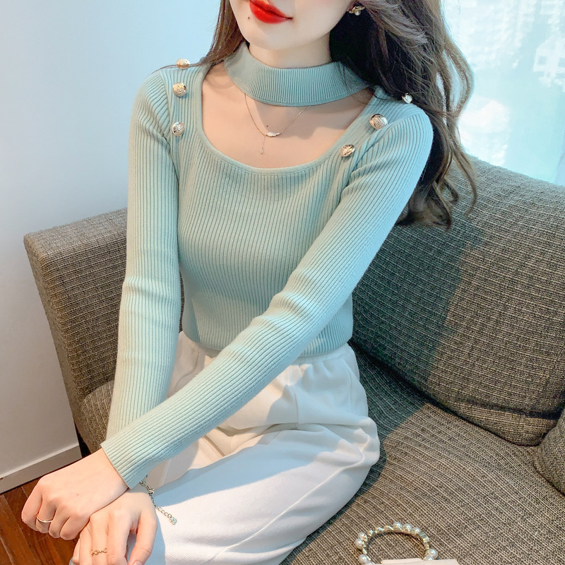 【Elegant】 Button Detail Square Neck T-shirt Knit 2141