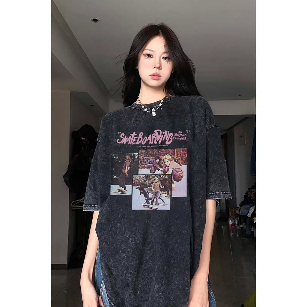 100% Katun Kaos Vintage Hitam Atasan Wanita Lengan Pendek Oversize Printed T-shirt Baju Wanita Kekinian Korean Style