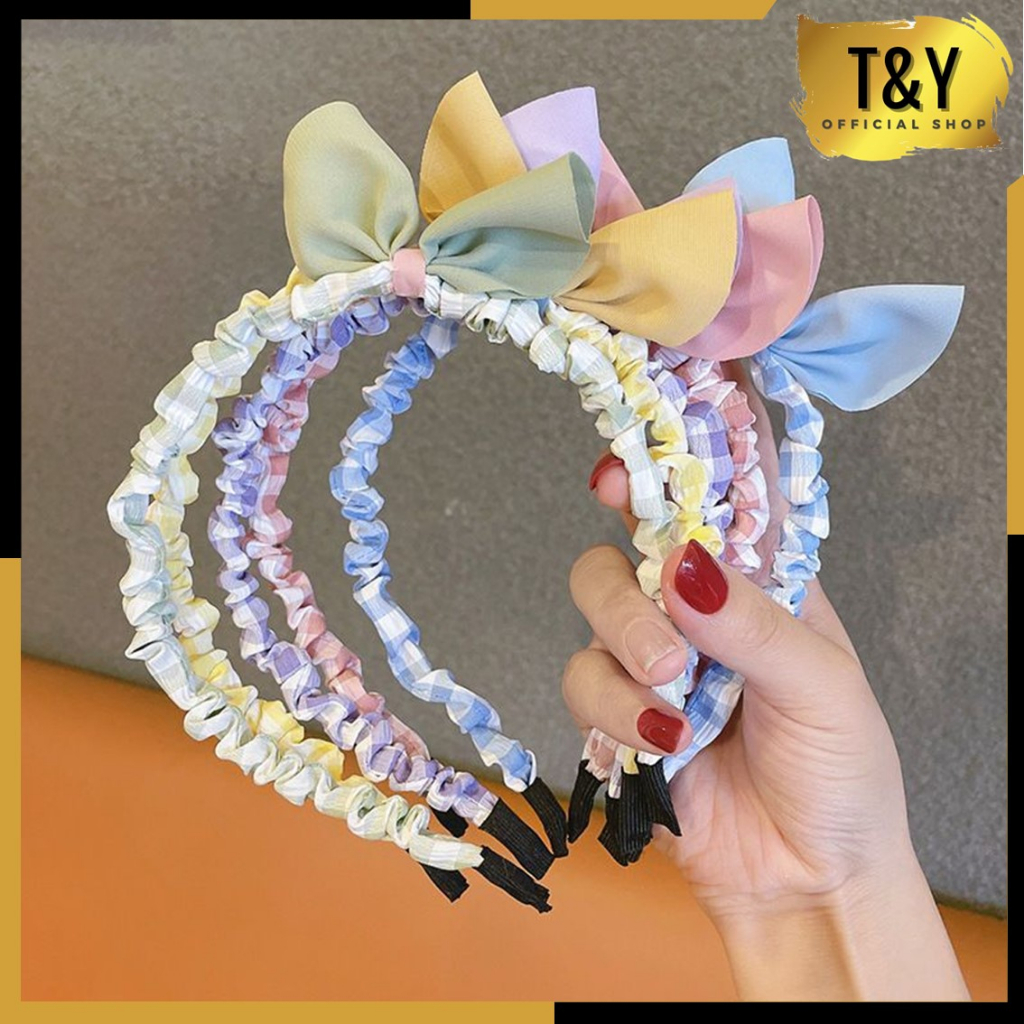 T&amp;Y Bando Scrunchie Korea Wanita Motif Kotak Kotak Bando Anak Perempuan Aksesoris Rambut Wanita Bando Pita Scrunchie Bando Lucu Bando Kerut Pita