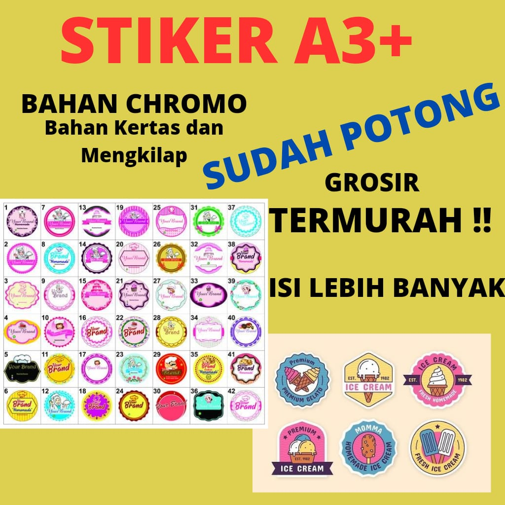 

CETAK STIKER LABEL KEMASAN A3 KROMO + CUTTING (Kotak, Bulat, Oval, Custom) MURAH !!!