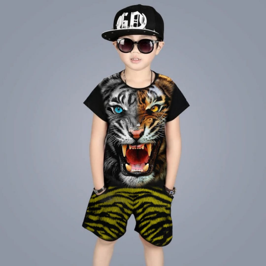 Baju Setelan Anak Umur 4-13tahun Gambar MACAN FULLPRINT / Baju Jumper Pendek Kaos + Celana