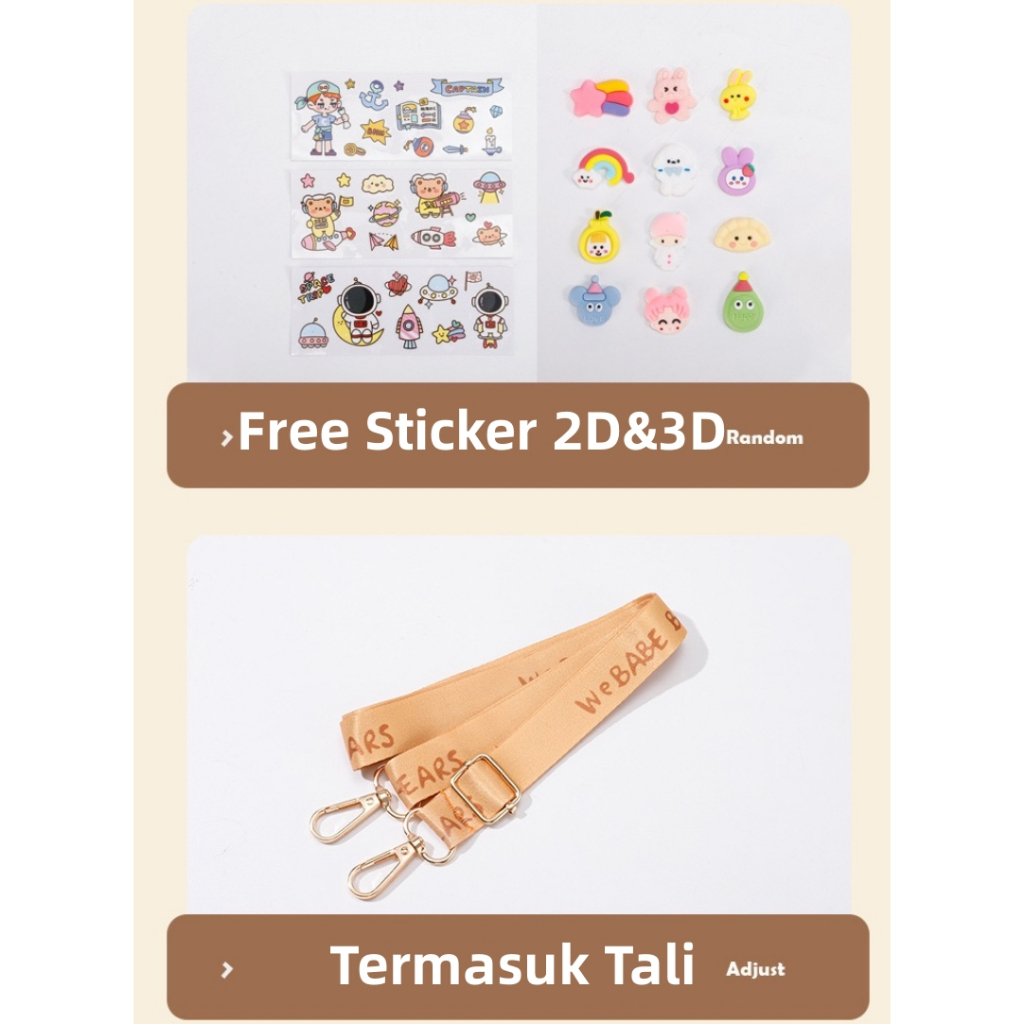 Botol Minum Anak Kartun 1000ML Sedotan dan Tali Gratis Stiker 2D Dan 3D Botol Air Minum Anak Karakter BPA FREE Termasuk Tali dan Sticker Botol Minum Anak Sedotan Motif Bear