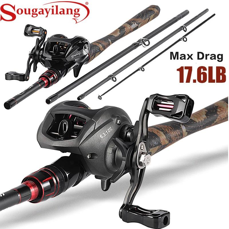 Joran Pancing Set Sougayilang 1.98m M Power Carbon Fiber 4 Sections Fishing Rod and 12+1 6.3:1 Fishing Reel Combos Max Drag 17.6lb