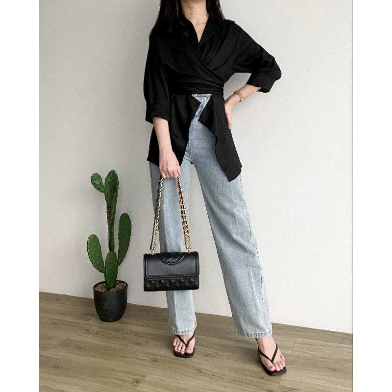 RX FASHION - KAYLA CROP SHIRT TWISTCONE / KEMEJA TALI SILANG LENGAN PANJANG / KEM WANITA - PN