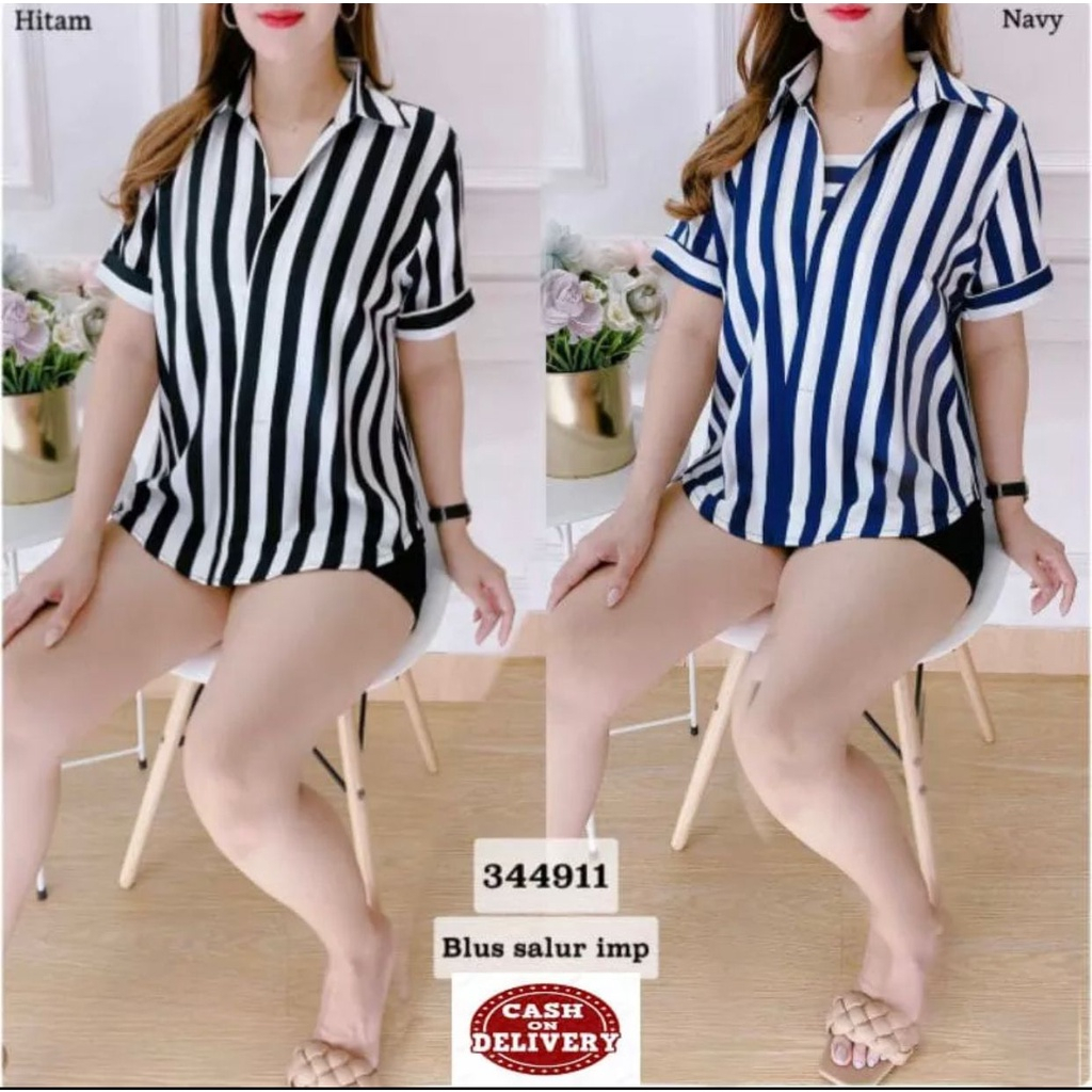 KEMEJA SALUR RETRO LENGAN PENDEK BIGSIZE / ATASAN WANITA MOTIF SALUR LD 120